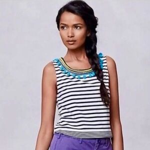 Anthropologie ONE SEPTEMBER Striped Tank Top Pom Poms Navy White Boho Small